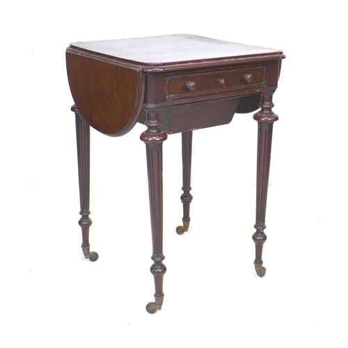 306 - An early Victorian mahogany sewing table, plum pudding mahogany veneered square top with rounded cor... 