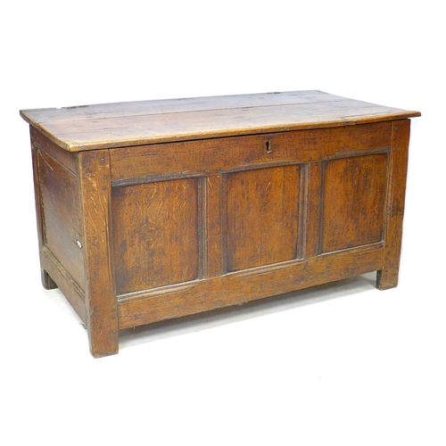 309 - An 18th century three panelled oak coffer, with lift lid, raised on straight legs, modern brass hing... 