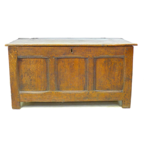 309 - An 18th century three panelled oak coffer, with lift lid, raised on straight legs, modern brass hing... 