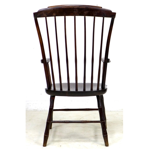 310 - An American 19th century 'Windsor' style open armchair, the high back with a stepped top rail suppor... 