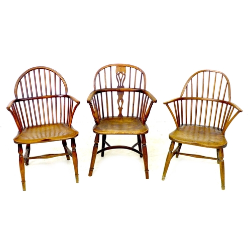 328 - A group of three 18th century low back Windsor armchairs, comprising a Georgian elm and yew Windsor ... 