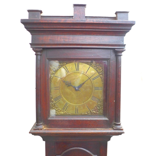 331 - An 18th century oak longcase clock, with square engraved brass dial, signed 'Fran Overall, Wellingbo... 