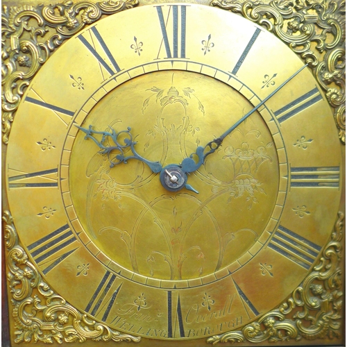 331 - An 18th century oak longcase clock, with square engraved brass dial, signed 'Fran Overall, Wellingbo... 