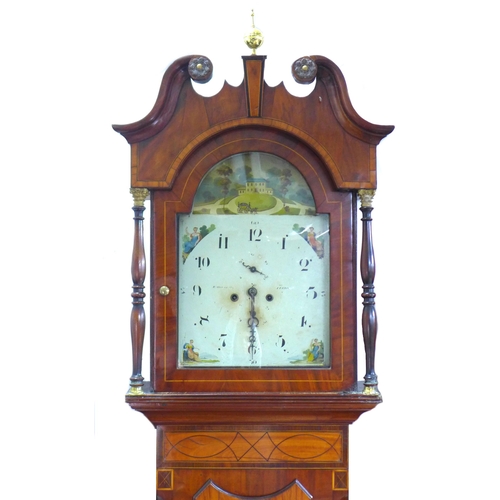 332 - A mid 19th century mahogany long case clock, the painted arch dial with depictions of the four seaso... 