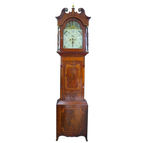 332 - A mid 19th century mahogany long case clock, the painted arch dial with depictions of the four seaso... 