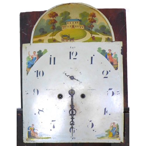 332 - A mid 19th century mahogany long case clock, the painted arch dial with depictions of the four seaso... 