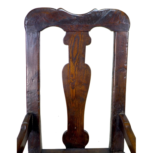 338 - A 17th century and later oak open armchair, the high back with vase shaped splat and shaped top rail... 