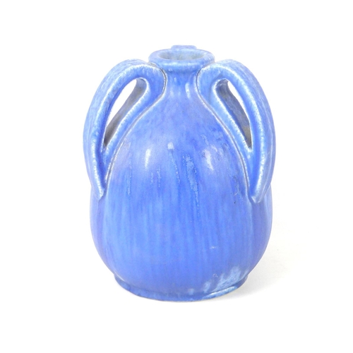 35 - A Ruskin three-handled vase in blue, stamped 'Ruskin' to base, 17 by 22cm high.