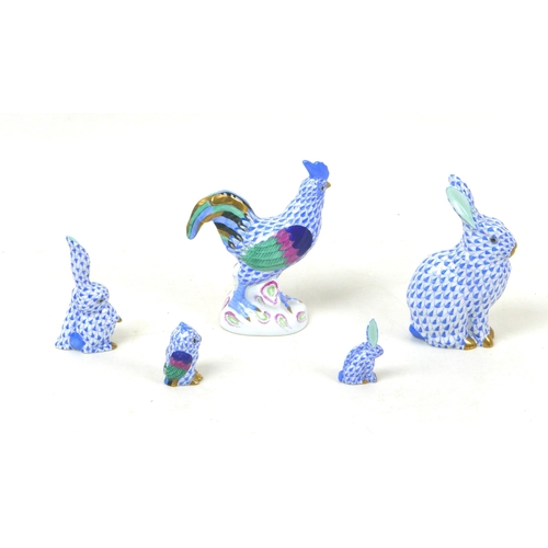 45 - Five Herend hand painted porcelain animal figurines, comprising a cockerel, 11 by 6 by 14cm high, a ... 