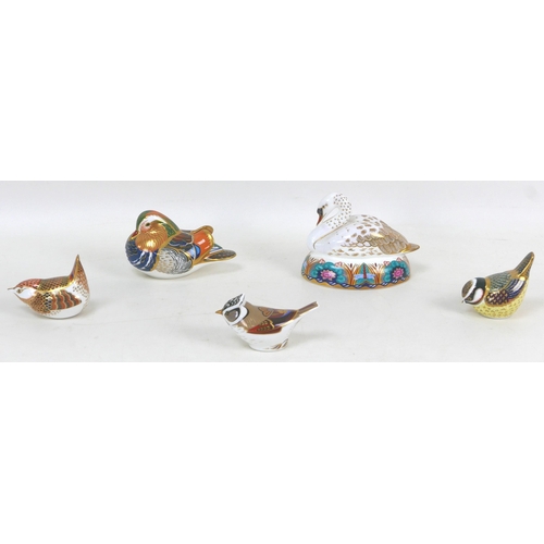 52 - Five Royal Crown Derby paperweights, modelled as a Mandarin Duck, 7cm high, Crested Tit, 5.5cm high,... 