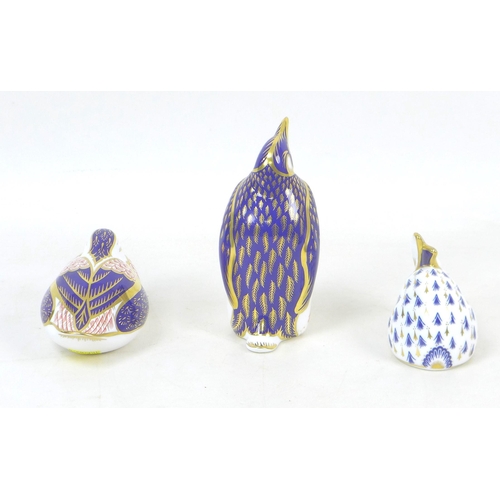 54 - Three Royal Crown Derby paperweights, modelled as a penguin, 13.5cm high, a partridge, 6cm high, a r... 