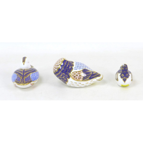 55 - Three Royal Crown Derby paperweights, modelled as a blue owl, 7cm high, a duck, 7cm high, and a wren... 