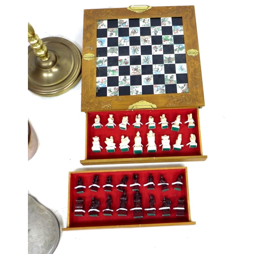 75 - A vintage boxed Chinese style chess set, together with a copper coal scuttle, a copper kettle, EPNS ... 