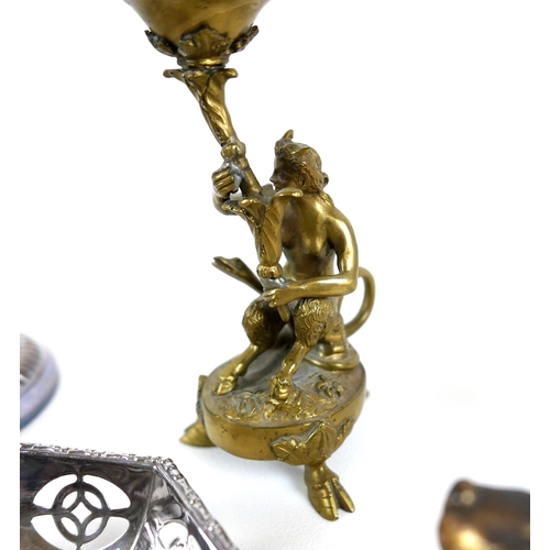 77 - A group of mixed metal collectables, comprising a pair of cast brass figural candlesticks, each mode... 