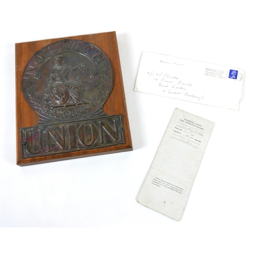 81 - A Victorian pressed metal insurance plaque, 'Norwich Union' Fire Insurance Society Fire Mark, the le... 