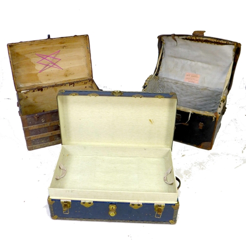 87 - A group of three 19th century travelling trunks, comprising a barrel top wooden bound trunk, inscrib... 