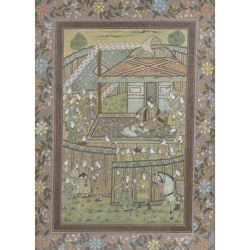 91 - An early to mid 20th century Indian gouache on silk, depicting a figural scene with a floral border,... 