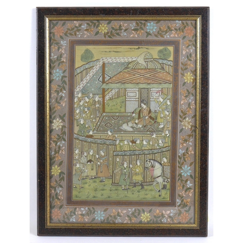 91 - An early to mid 20th century Indian gouache on silk, depicting a figural scene with a floral border,... 