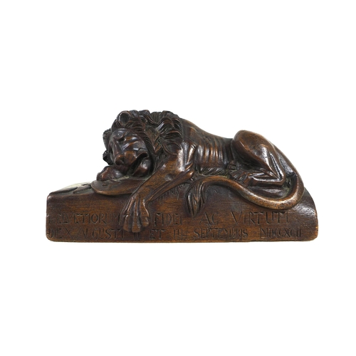 93 - After Bertel Thorvaldsen (Danish, 1770-1844): a Lion of Lucerne wood carving, a commemoration of the... 