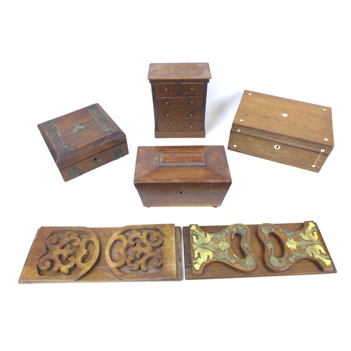 97 - Six 19th century and later wooden boxes and book slides, including an oak miniature chest of two ove... 