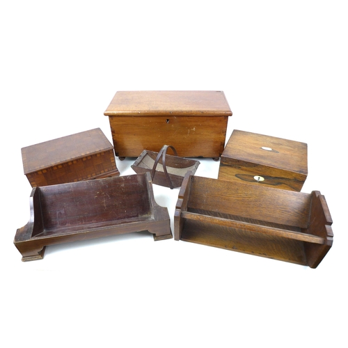 98 - A group of 19th century and later wooden boxes, including a miniature walnut coffer, raised upon bun... 