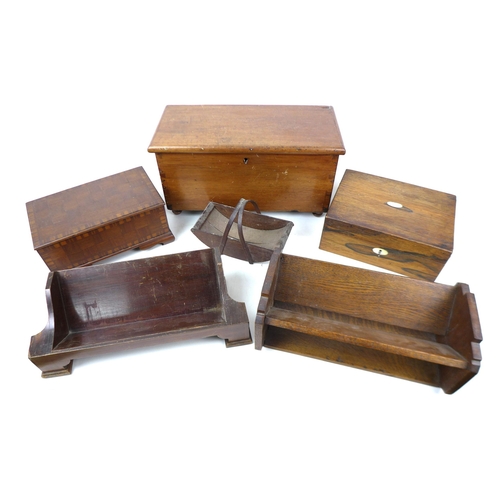 98 - A group of 19th century and later wooden boxes, including a miniature walnut coffer, raised upon bun... 