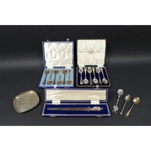 28 - A collection of George V and later silver, comprising an Irish silver letter opener, with a knight t... 