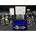 A group of small silver items, including a cased set of six pistol grip butter knives, a cased chris... 