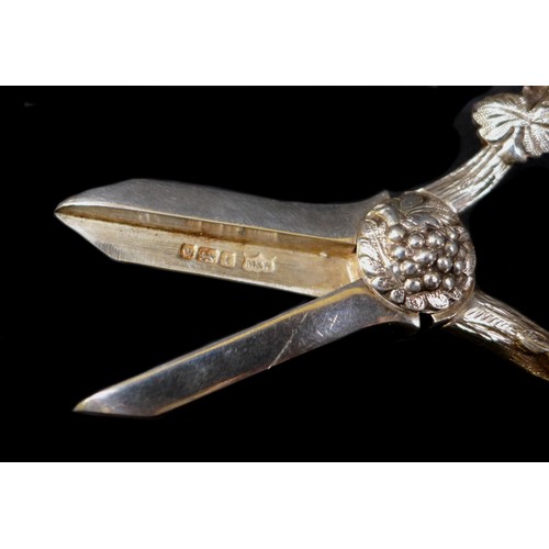 21 - A pair of Edward VII silver grape scissors, with ornate cast handles decorated with fruiting vines, ... 