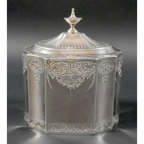 37 - A George III silver tea caddy, of decagon section with caddy top and small urn finial, decorated wit... 