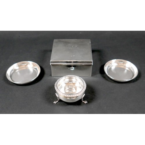 3 - A group of four small silver items, comprising an Edwardian silver cigarette box, engraved initials ... 