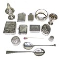 A group of small silver and white metal items, including two Victorian silver vesta cases, two silve... 