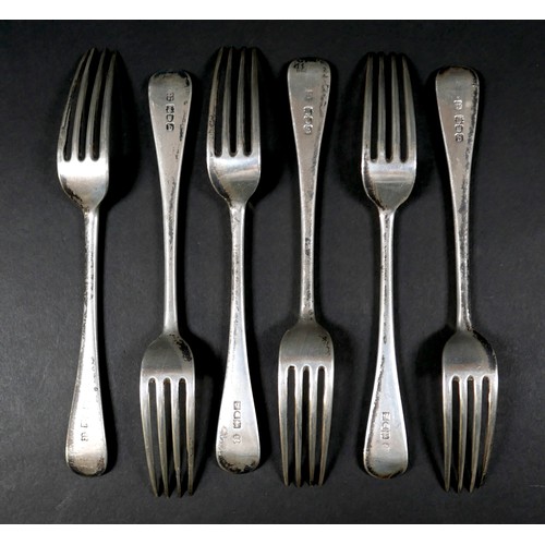 27 - A set of six Victorian silver forks, Old English pattern, terminals engraved with an armorial crest'... 