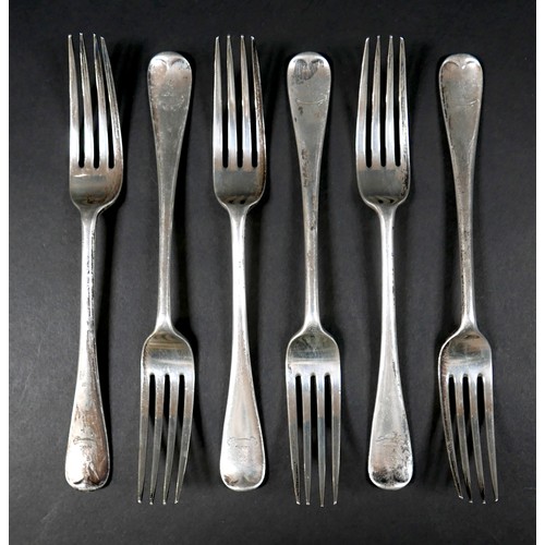 27 - A set of six Victorian silver forks, Old English pattern, terminals engraved with an armorial crest'... 