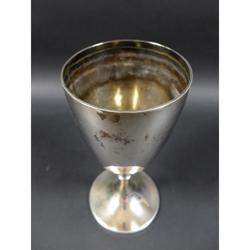19 - A Victorian silver trophy cup or chalice, with plain unengraved bowl, knopped stem and circular foot... 