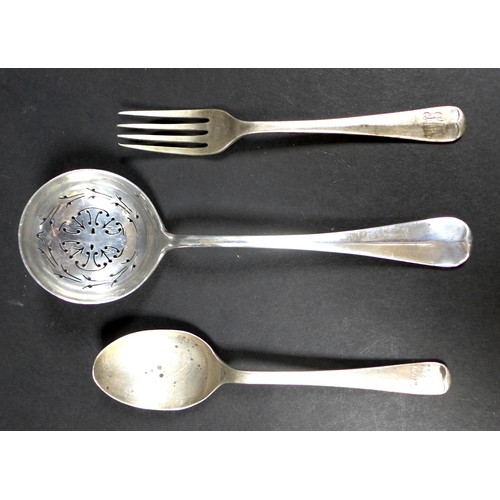 8 - A small group of silver items, comprising a George V silver muffin slice and fork, Josiah Williams &... 