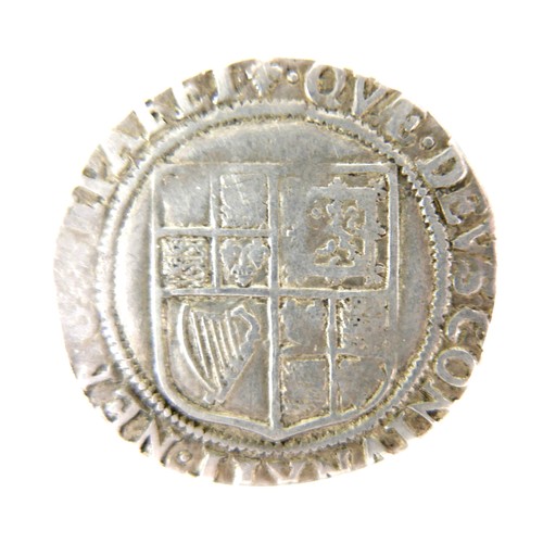 53 - A James I shilling, 5g, 30mm diameter, together with seven reproduction George III base metal coins.... 