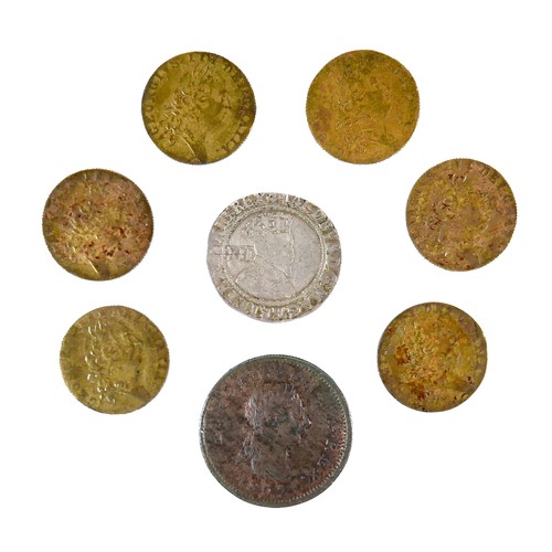53 - A James I shilling, 5g, 30mm diameter, together with seven reproduction George III base metal coins.... 