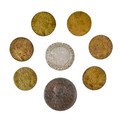 A James I shilling, 5g, 30mm diameter, together with seven reproduction George III base metal coins.... 