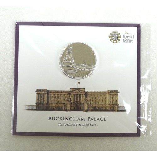 70 - A group of three Elizabeth II Royal Mint £100 fine silver coins, each titled 'Buckingham Palace, 201... 