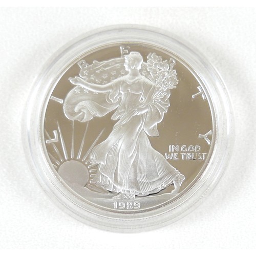 50 - An American Eagle one dollar fine silver proof coin, 1989, One Ounce Fine Silver, San Francisco Mint... 