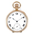 An Edwardian 9ct gold pocket watch, open faced, keyless wind, the circular dial with black Roman num... 