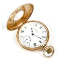 A 9ct gold Waltham half hunter pocket watch, circa 1910, keyless wind, the white enamel dial with bl... 