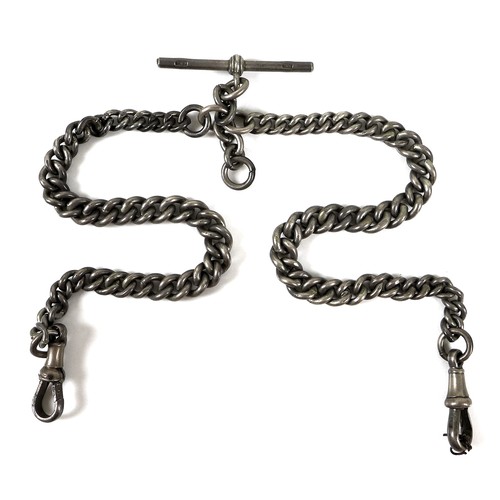 79 - A Victorian silver fob chain, of graduating form with T bar and clasps to both ends, chain 37cm long... 