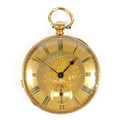 A Continental 18K gold lady's pocket watch, key wind, open faced, with engraved floral dial, matte c... 