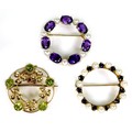 A group of three 9ct gold wreath brooches, including one set with cultured pearls and sapphires, 2.7... 