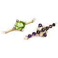 A gold, diamond, pearl and green stone bar brooch, 3.8cm, 3.3g, unmarked but tests as approximately ... 