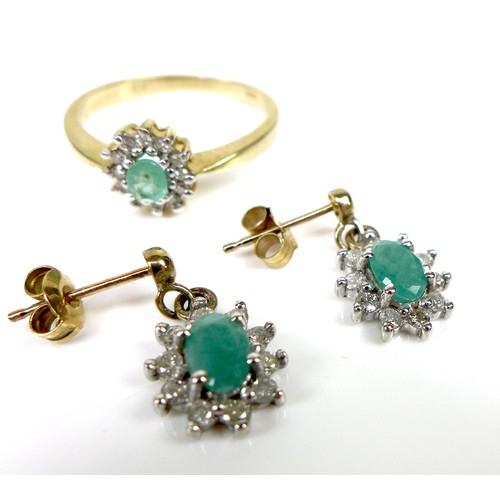 115 - A pair of 9ct gold, diamond and Colombian emerald drop earrings, 1.5cm including drop, together with... 