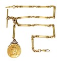 A Victorian 18ct yellow gold Albert fob chain, formed of a double bar link, with attached T-bar and ... 