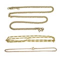 A group of three 9ct gold chains, comprising two necklaces, longest 50cm long, clasp does not fully ... 